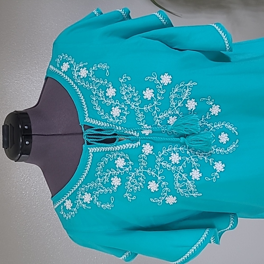 St Johns embroidered flowers on front, ruffles/short sleeves,